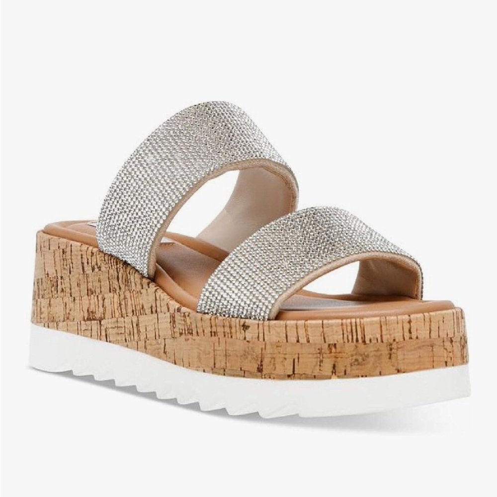 Steve Madden Defuse Round Toe Slip On Wedge Platform Sandals Rhinestone